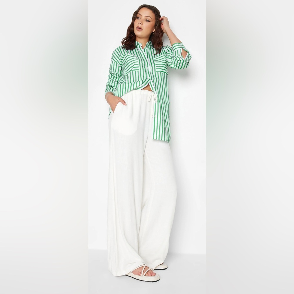 LTS | Size 6 Apple Green Stripe Oversized Cotton Long Sleeve Shirt - Picture 3 of 9